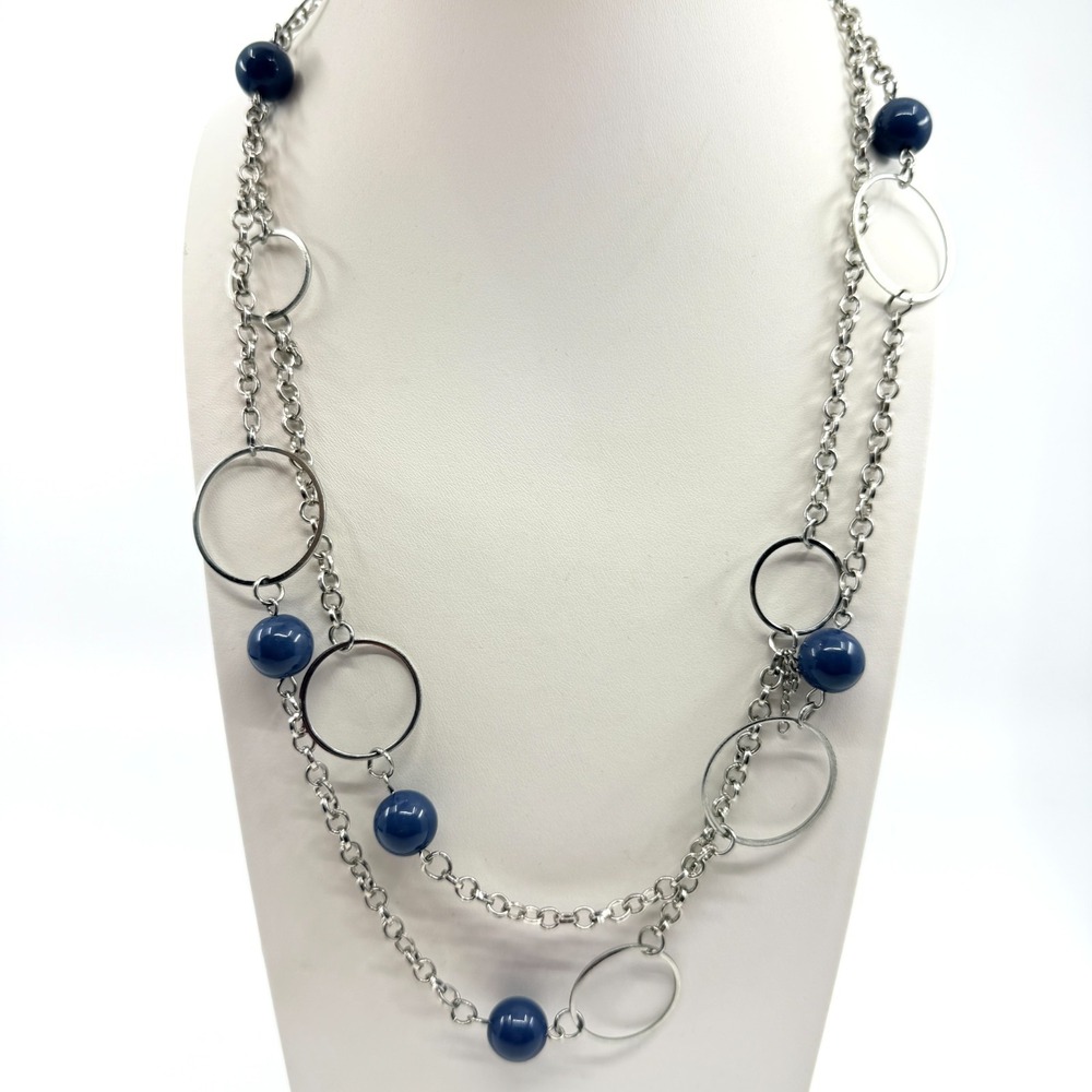 Vintage Silver Tone Multi-Layer Blue Bead Geometric Circle Necklace Y2K Boho
